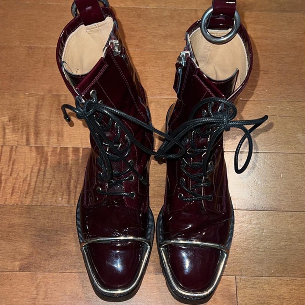 Alexander Wang Kennah Patent Leather MAROON Combat Boots with Brush Guard